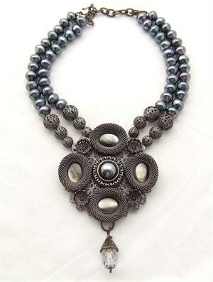 SARAH CAVENDER PENDANT WITH STONES and FACETED DROP ON 2-STRANDS OF PEARLS