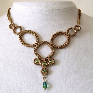 SARAH CAVENDER MULTI-STRAND MESH CHAIN WITH OVAL COLLAGE CENTER WITH PEAR DROP STONES
