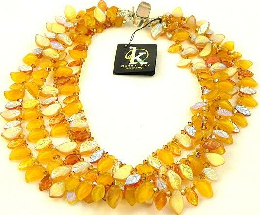 Gold Czech Glass Leaves & Swarovski Crystal Necklace by Detra Kay
