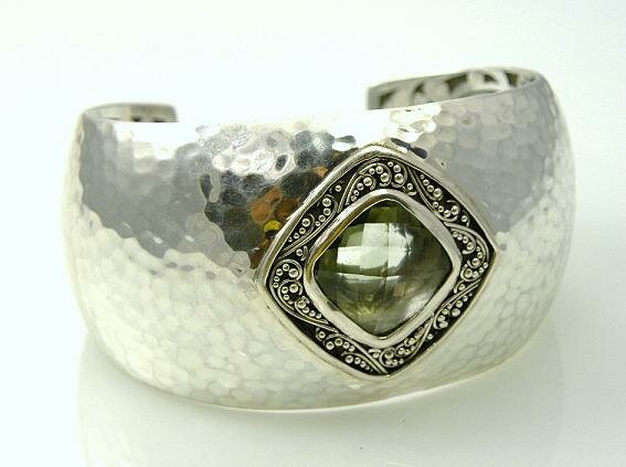 LOIS HILL HAMMERED STERLING SILVER CUFF WITH GREEN AMETHYST CRYSTAL