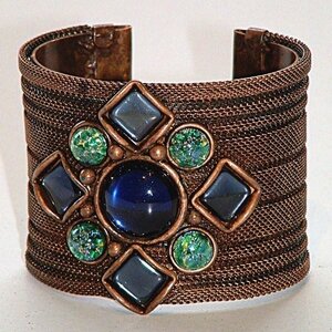 SARAH CAVENDER RIBBED MESH COVERED METAL CUFF WITH DIAMOND SHAPED STONE CONFIGURATION and METAL BEADS