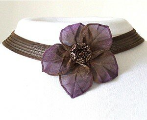 SARAH CAVENDER ORCHID LEAF FLOWER WITH FILIGREE and SMALL STONE CENTER ON CURVED MESH NECKBAND
