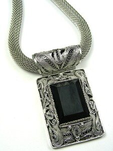 BLACK ONYX SILVER FILIGREE PENDANT WITH MESH CHAIN BY BARBARA GARWOOD