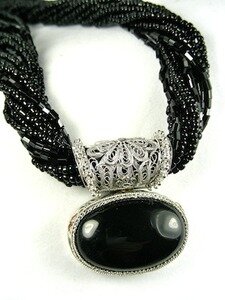 BLACK ONYX OVAL SILVER PENDANT ON BLACK BEADS BY BARBARA GARWOOD