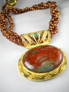 DRAGONS BLOOD JAPSER OVAL PENDANT ON COPPER BEADS BY BARBARA GARWOOD