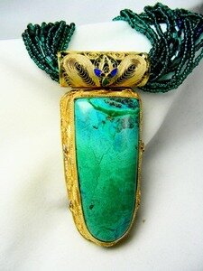 CHRYSCOLLA VERTICAL FREE FORM PENDANT ON SEAFOAM BEADS BY BARBARA GARWOOD