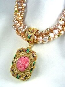 RHODOCROSITE CARVED LOCKET PENDANT WITH PEARLS BY BARBARA GARWOOD