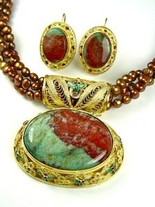 Dragons Blood Jasper Pendant on Pearls with Earrings on Copper Pearls By Barbara Garwood