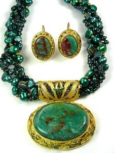 Dragons Blood Jasper Pendant on Teal Pearls with Earrings on Copper Pearls By Barbara Garwood